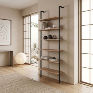 meg-GP041-0038,2-3 ΒΙΒΛΙΟΘΗΚΗ ΤΟΙΧΟΥ MADISON MEGAPAP ΜΕΤΑΛΛΙΚΗ - ΜΕΛΑΜΙΝΗΣ ΧΡΩΜΑ ΜΑΥΡΟ - PINE OAK 60X20X183ΕΚ.
