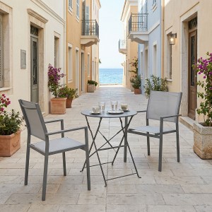 pak-200-001675 ΤΡΑΠΕΖΑΡΙΑ BISTRO CONFIDENCE ΣΕΤ 3ΤΕΜ PAKOWORLD ΑΝΘΡΑΚΙ ΜΕΤΑΛΛΟ ΜΕ ΓΚΡΙ TEXTILENE Φ60X71ΕΚ