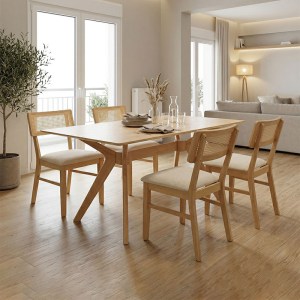 pak-381-000028 ΤΡΑΠΕΖΑΡΙΑ RAFFLES PAKOWORLD ΣΕΤ 5ΤΕΜ RUBBERWOOD ΜΕ PE RATTANΣΕ ΦΥΣΙΚΗ ΑΠΟΧΡΩΣΗ 150X90X76ΕΚ