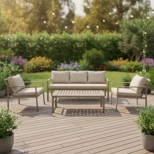 pak-401-000006 ΣΑΛΟΝΙ GARDENLY Ι PAKOWORLD ΣΕΤ 4ΤΜΧ ΑΛΟΥΜΙΝΙΟ ΣΕ ΑΠΟΧΡΩΣΗ CAPPUCCINO ΜΕ ΓΚΡΙ-ΜΠΕΖ ΜΑΞΙΛΑΡΙΑ