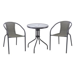 woo-126344 BALENO-W SET ΚΗΠΟΥ - ΒΕΡΑΝΤΑΣ: ΤΡΑΠΕΖΙ + 2 ΠΟΛΥΘΡΟΝΕΣ ΜΕΤΑΛΛΟ ΑΝΘΡΑΚΙ, WICKER MIXED GREY