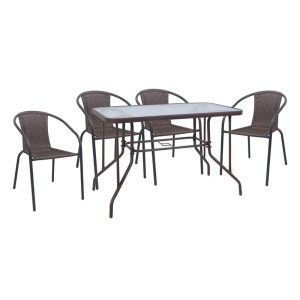 woo-126345 BALENO-W SET ΤΡΑΠΕΖΑΡΙΑ ΚΗΠΟΥ: ΤΡΑΠΕΖΙ + 4 ΠΟΛΥΘΡΟΝΕΣ ΜΕΤΑΛΛΟ ΚΑΦΕ, WICKER BROWN