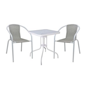woo-126606 BALENO-W SET ΚΗΠΟΥ - ΒΕΡΑΝΤΑΣ: ΤΡΑΠΕΖΙ + 2 ΠΟΛΥΘΡΟΝΕΣ ΜΕΤΑΛΛΟ ΑΣΠΡΟ, WICKER BEIGE