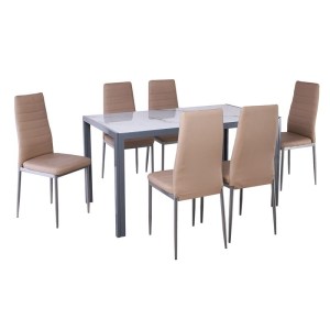 woo-126934 JETTA-DEGO SET ΤΡΑΠΕΖΑΡΙΑ: ΤΡΑΠΕΖΙ + 6 ΚΑΡΕΚΛΕΣ, ΜΕΤΑΛΛΟ ΓΚΡΙ - ΓΥΑΛΙ MARBLE - PVC ΜΠΕΖ