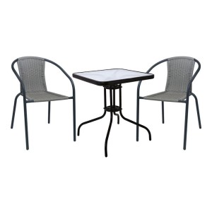woo-127345 BALENO-W SET ΚΗΠΟΥ - ΒΕΡΑΝΤΑΣ: ΤΡΑΠΕΖΙ + 2 ΠΟΛΥΘΡΟΝΕΣ ΜΕΤΑΛΛΟ ΒΑΦΗ ΜΑΥΡΟ, WICKER MIXED GREY