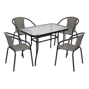 woo-127347 BALENO-W SET ΤΡΑΠΕΖΑΡΙΑ ΚΗΠΟΥ: ΤΡΑΠΕΖΙ + 4 ΠΟΛΥΘΡΟΝΕΣ ΜΕΤΑΛΛΟ ΒΑΦΗ ΜΑΥΡΟ, WICKER MIXED GREY