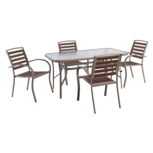 woo-127409 SERRANO-RIO SET ΚΗΠΟΥ: ΤΡΑΠΕΖΙ + 4 ΠΟΛΥΘΡΟΝΕΣ, ΜΕΤΑΛΛΟ ΒΑΦΗ BEIGE, POLYWOOD ΚΑΡΥΔΙ