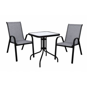 woo-127496 RIO SET ΚΗΠΟΥ - ΒΕΡΑΝΤΑΣ: ΤΡΑΠΕΖΙ + 2 ΠΟΛΥΘΡΟΝΕΣ ΜΕΤΑΛΛΟ ΒΑΦΗ ΜΑΥΡΟ, TEXTILENE ΓΚΡΙ