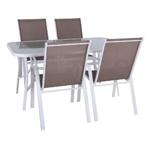 woo-43200 RIO SET ΤΡΑΠΕΖΑΡΙΑ ΚΗΠΟΥ ΑΣΠΡΟ ΜΕΤΑΛΛΟ, TEXTILENE CAPPUCCINO: ΤΡΑΠΕΖΙ + 4 ΠΟΛΥΘΡΟΝΕΣ