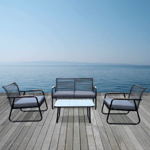 woo-47938 ROCCO SET ΣΑΛΟΝΙ ΚΗΠΟΥ 4ΤΕΜ, ΜΕΤΑΛΛΟ ΜΑΥΡΟ,ROPEWICKER ΓΚΡΙ, ΜΑΞΙΛ.ΣΚΟΥΡΟ ΓΚΡΙ, ΓΥΑΛΙ ΜΑΥΡΟ