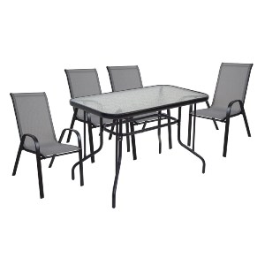 woo-50835 RIO SET ΤΡΑΠΕΖΑΡΙΑ ΚΗΠΟΥ ΜΕΤΑΛΛΟ ΒΑΦΗ ΜΑΥΡΟ, TEXTILENE ΓΚΡΙ: ΤΡΑΠΕΖΙ + 4 ΠΟΛΥΘΡΟΝΕΣ