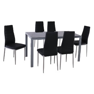 woo-51479 JETTA-DEGO SET ΤΡΑΠΕΖΑΡΙΑ: ΤΡΑΠΕΖΙ + 6 ΚΑΡΕΚΛΕΣ, ΜΕΤΑΛΛΟ ΓΚΡΙ - ΓΥΑΛΙ ΜΑΥΡΟ - PVC ΜΑΥΡΟ