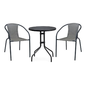 woo-52140 BALENO-W2 SET ΚΗΠΟΥ-ΒΕΡΑΝΤΑΣ: ΤΡΑΠΕΖΙ + 2 ΠΟΛΥΘΡΟΝΕΣ ΜΕΤΑΛΛΟ ΒΑΦΗ ΜΑΥΡΟ, WICKER MIXED GREY