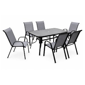 woo-52166 RIO SET ΚΗΠΟΥ - ΒΕΡΑΝΤΑΣ: ΤΡΑΠΕΖΙ + 6 ΠΟΛΥΘΡΟΝΕΣ ΜΕΤΑΛΛΟ ΒΑΦΗ ΜΑΥΡΟ, TEXTILENE ΓΚΡΙ